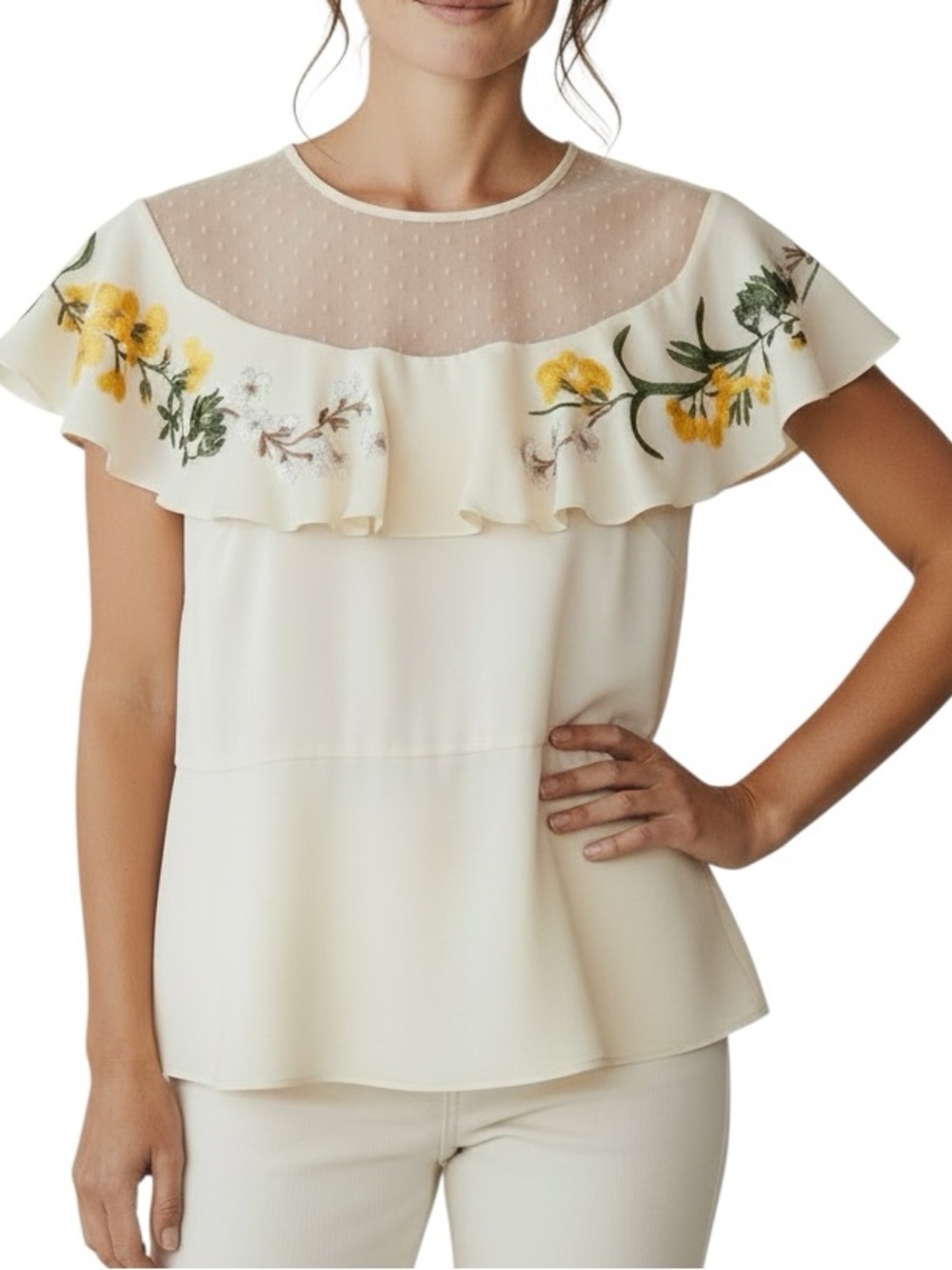 NWT Karen Millen floral embroidered mesh yoke sleeveless ruffled blouse size 8